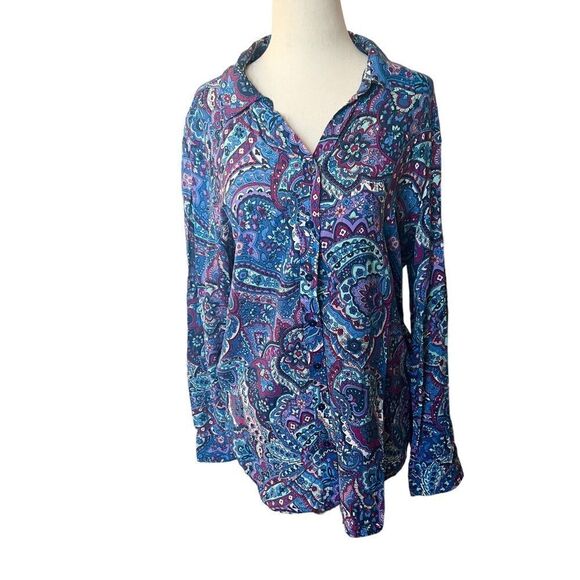 Talbots Blue + Purple Paisley Long Sleeve Button Front Blouse Medium - Picture 1 of 7